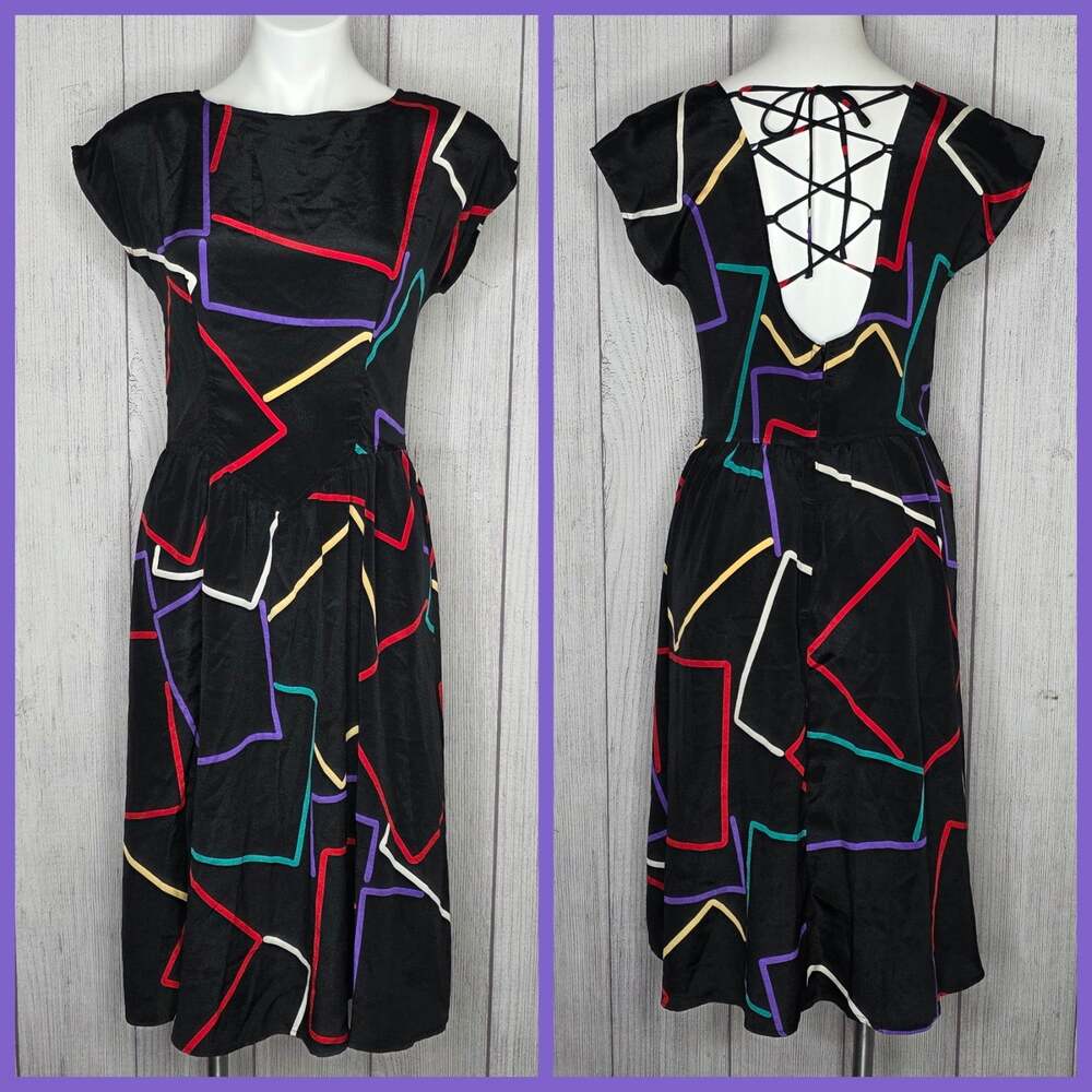 Vintage 80s New Wave Geometric Print Party Dress Lace Up Corset Back